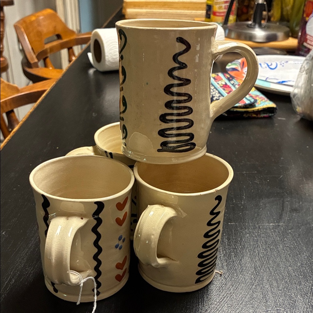 Handcrafted Ceramic Mug Set - Cream with Black and Red Accents Pottery design!!